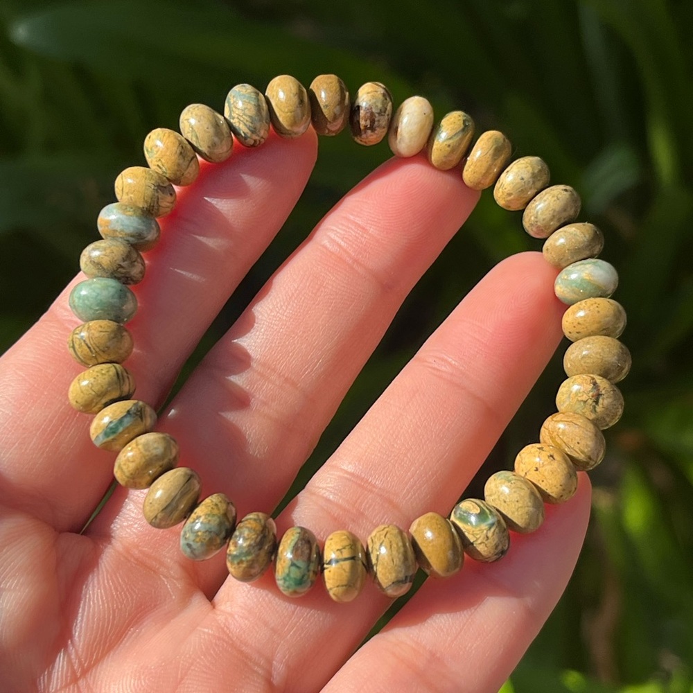 8.5mm stretchable donut bead yellow dragon‎ skin jasper bracelet
